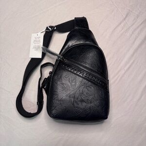 Vegan Leather Black Embossed Sling Bag